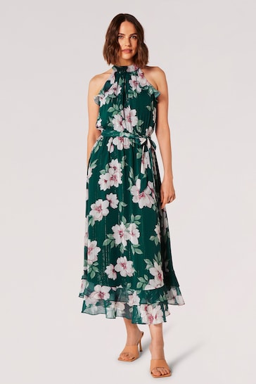 Apricot Green Painterly Floral Shimmer Midi Dress