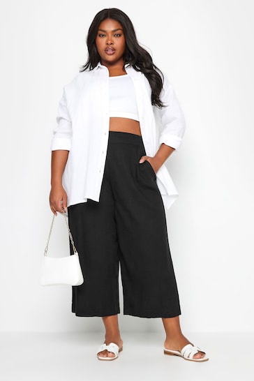 Yours Curve Black Wide Leg Cropped Linen Trousers