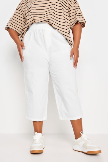 Yours Curve White Cool Cotton Cropped Trousers With Jersey Waist Band