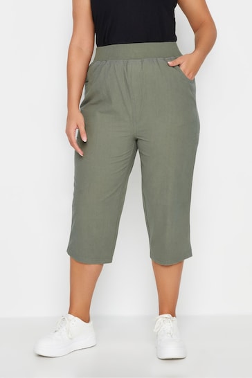 Yours Curve Green Cool Cotton Cropped Trousers With Jersey Waist Band
