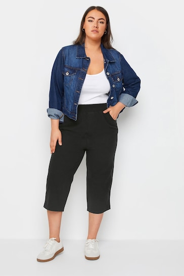 Yours Curve Black Cool Cotton Cropped Trousers With Jersey Waist Band