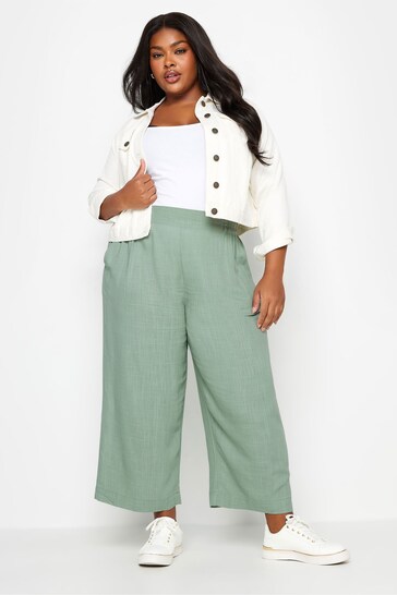 Yours Curve Sage Green Wide Leg Cropped Linen Trousers
