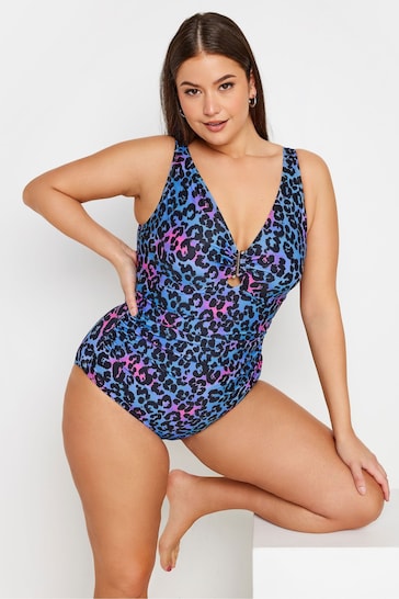 Yours Curve Blue & Pink Ombre Leopard Print Tummy Control Swimsuit