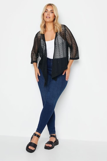 Yours Curve Black Chevron Pointelle Waterfall Cardigan
