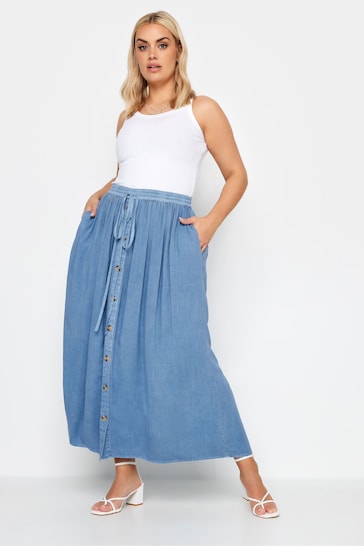 Yours Curve Blue Chambray Button Front Maxi Skirt
