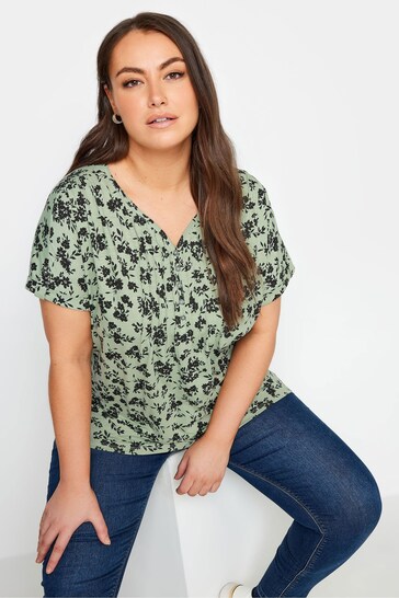 Yours Curve Green Floral Print Pintuck Henley Blouses