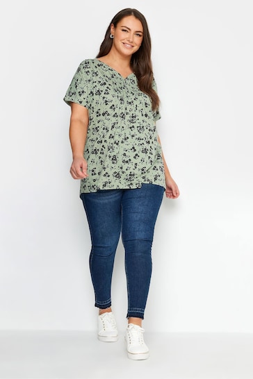 Yours Curve Green Floral Print Pintuck Henley Blouses