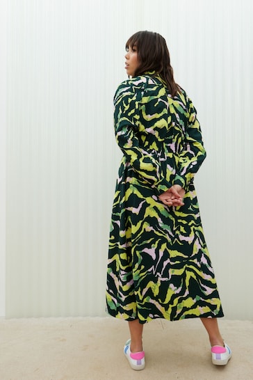 Oliver Bonas Green Abstract Print Midi Shirt Dress
