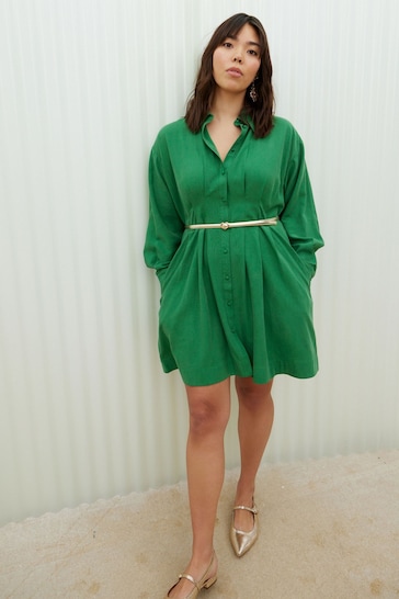 Oliver Bonas Mini Green Pleated Shirt Dress
