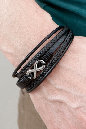 Personalised Mens Infinity Gunmetal Black Leather Stacked Bracelet by Treat Republic
