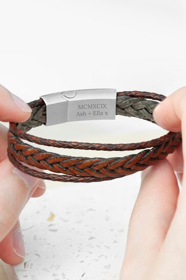 Personalised Mens Woven Layered Leather Bracelet by Treat Republic