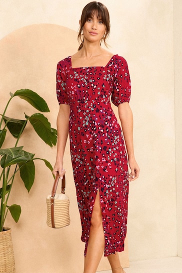 Love & Roses Red Animal Printed Square Neck Puff Sleeve Midi Dress