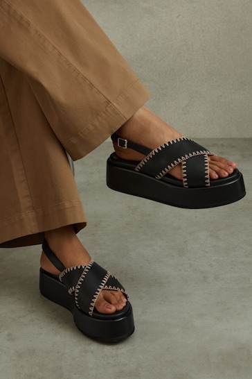 Reiss Black Melissa Leather Raffia Stitch Platform Sandals