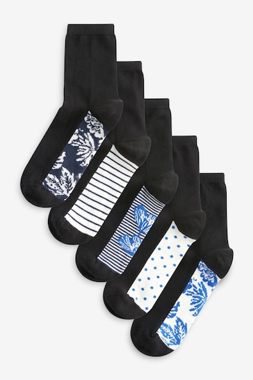 Blue / White Floral Black Footbed Ankle Socks 5 Pack