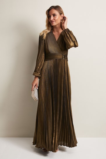 Phase Eight Gold Adrianna Foil Pleated Maxi Dress