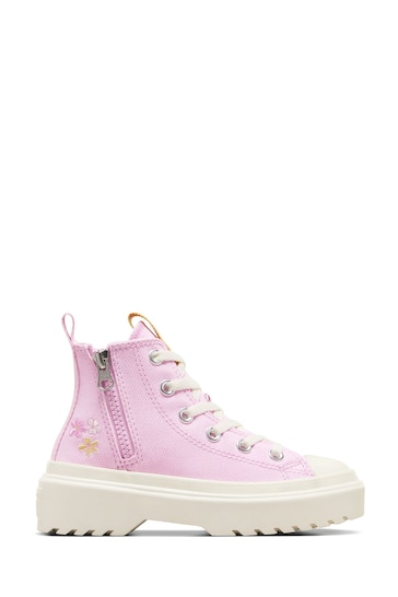 Converse Pink Chuck Taylor Lugged Lift Flower Embroidered Youth Trainers