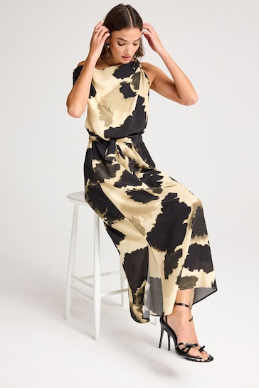 Cream/Black Cow Smudge Print Sleeveless Knot Shoulder Column Maxi Dress