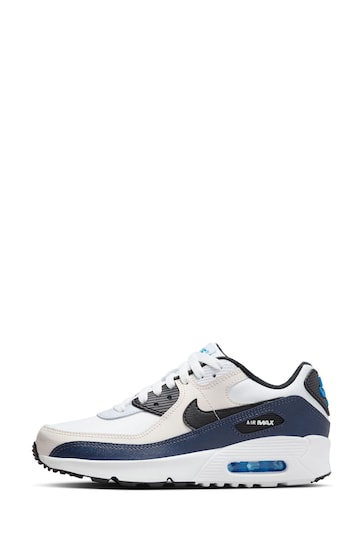 Nike White/Grey/Blue Air Max 90 Youth Trainers