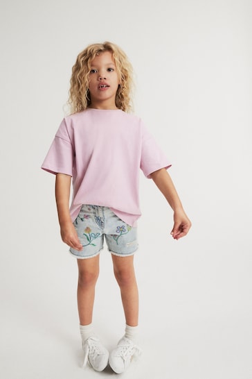 Mid Blue Floral Embroidery Denim linen Shorts (3-16yrs)