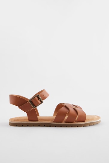 Tan Brown Standard Fit (F) Leather Woven Sandals