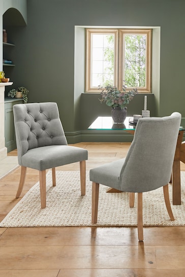 Set of 2 Soft Linen Look Mid Grey Wolton Collection Luxe Light Wood Leg Dining Chairs