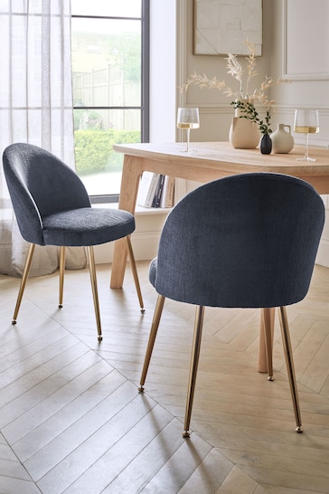 Set of 2 Plush Chenille Slate Blue Newman Gold Leg Dining Chairs