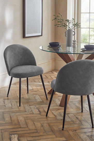 Set of 2 Arona Faux Leather Mid Grey Newman Black Leg Dining Chairs