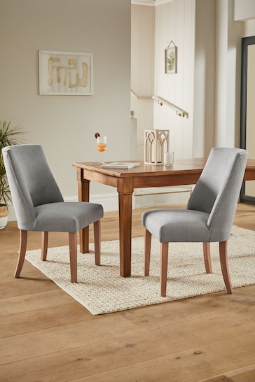 Set of 2 Soft Linen Look Mid Grey Wolton Collection Luxe Light Wood Leg Dining Chairs