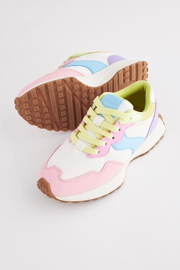 Bnwt Older Girls Rainbow Pastel Glitter Star Lace Up Trainers From