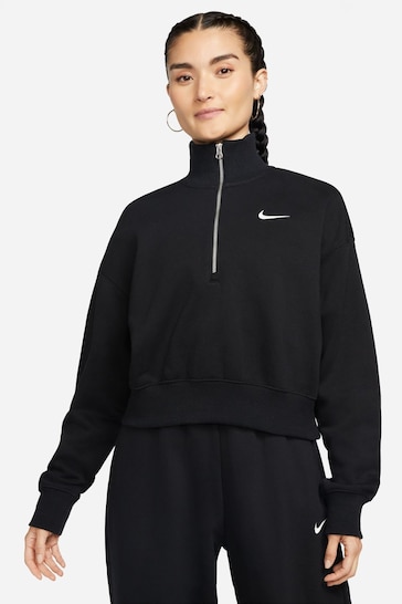 Nike Black Phoenix Fleece Half Zip Mini Swoosh Cropped Sweatshirt