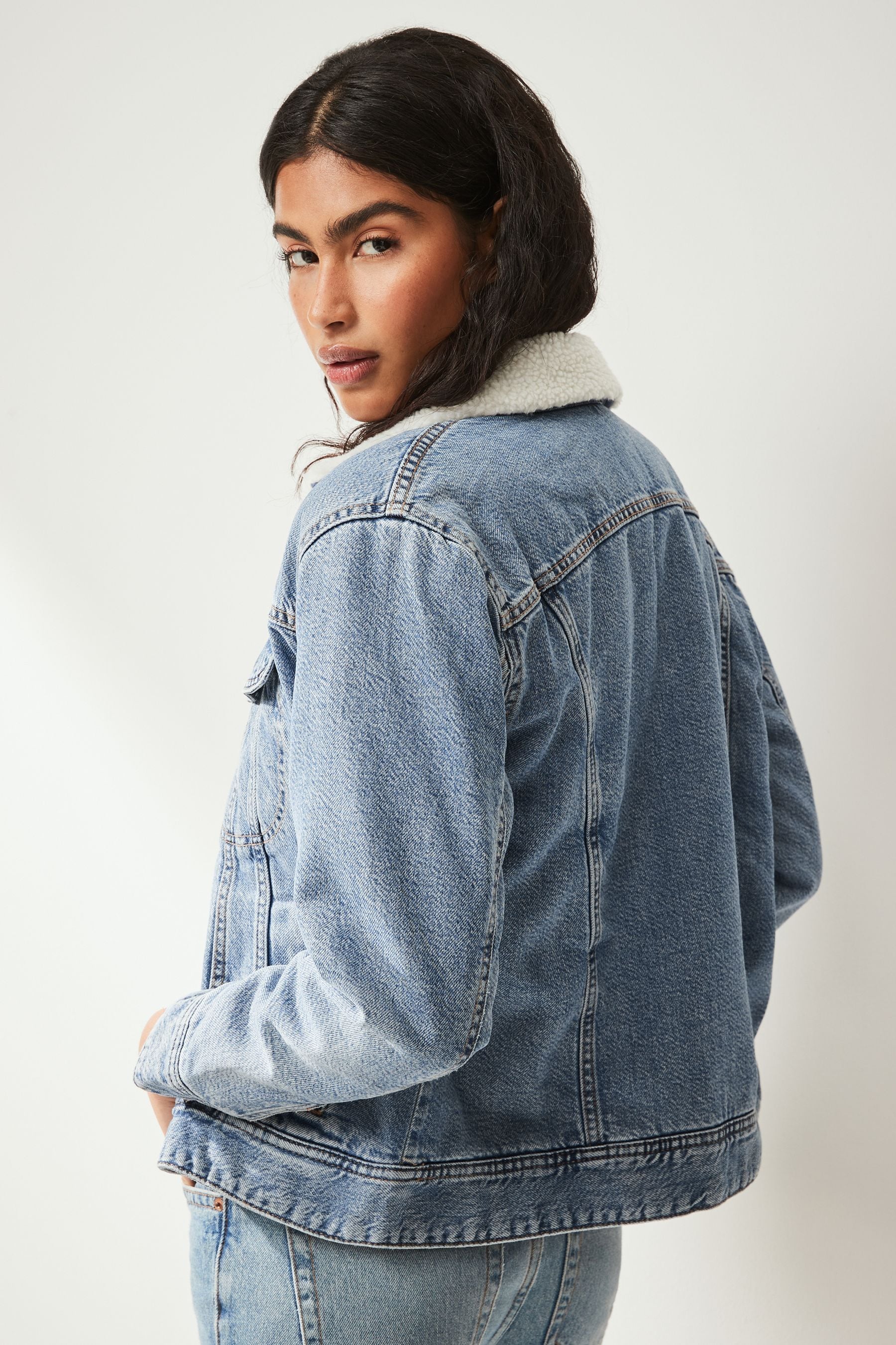 Buy Mid Blue Borg Lined Denim Jacket from the Next UK online shop