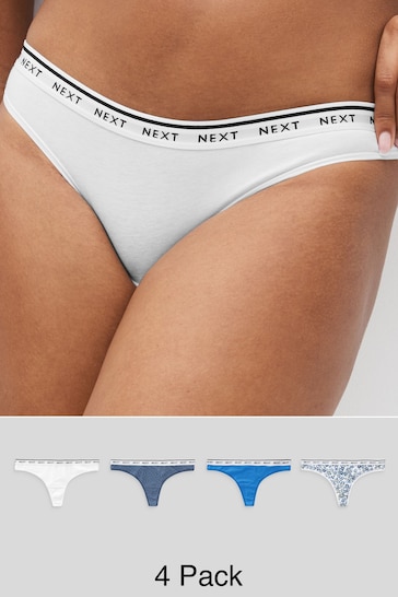 White/Light Blue Thong Cotton Rich Logo Knickers 4 Pack