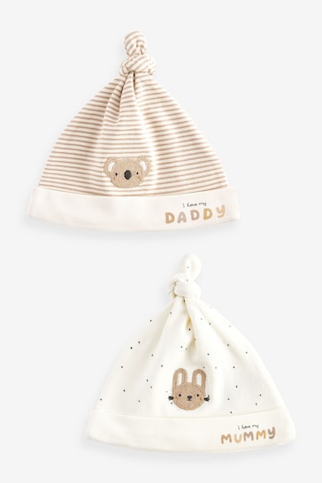Neutral Mummy / Daddy Tie Top Baby Hats 2 Packs (0-6mths)