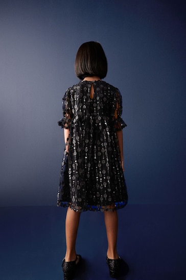 Black Sequin Flower Sequin Shimmer Party Dress (3-16yrs)