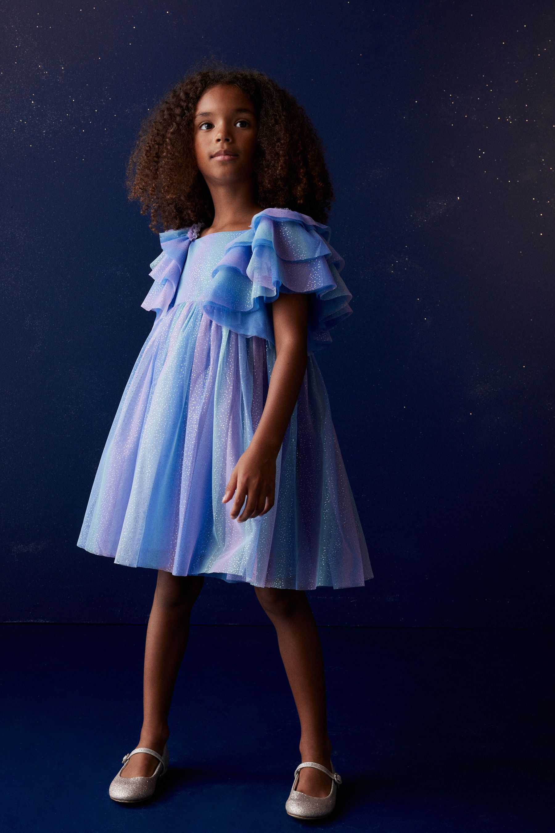 Buy Purple Blue Sparkle Frill Sleeve Mesh Party Dress 3 16yrs