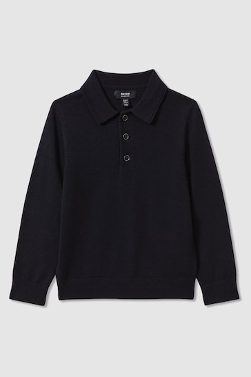 Reiss Navy Trafford Senior Merino Wool Polo Shirt