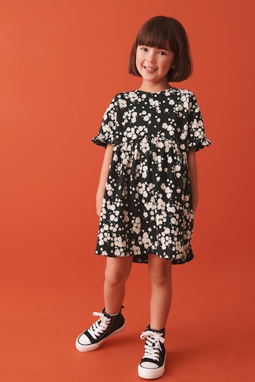 Black Daisy Print Short Sleeve Cotton Jersey Dress (3-16yrs)