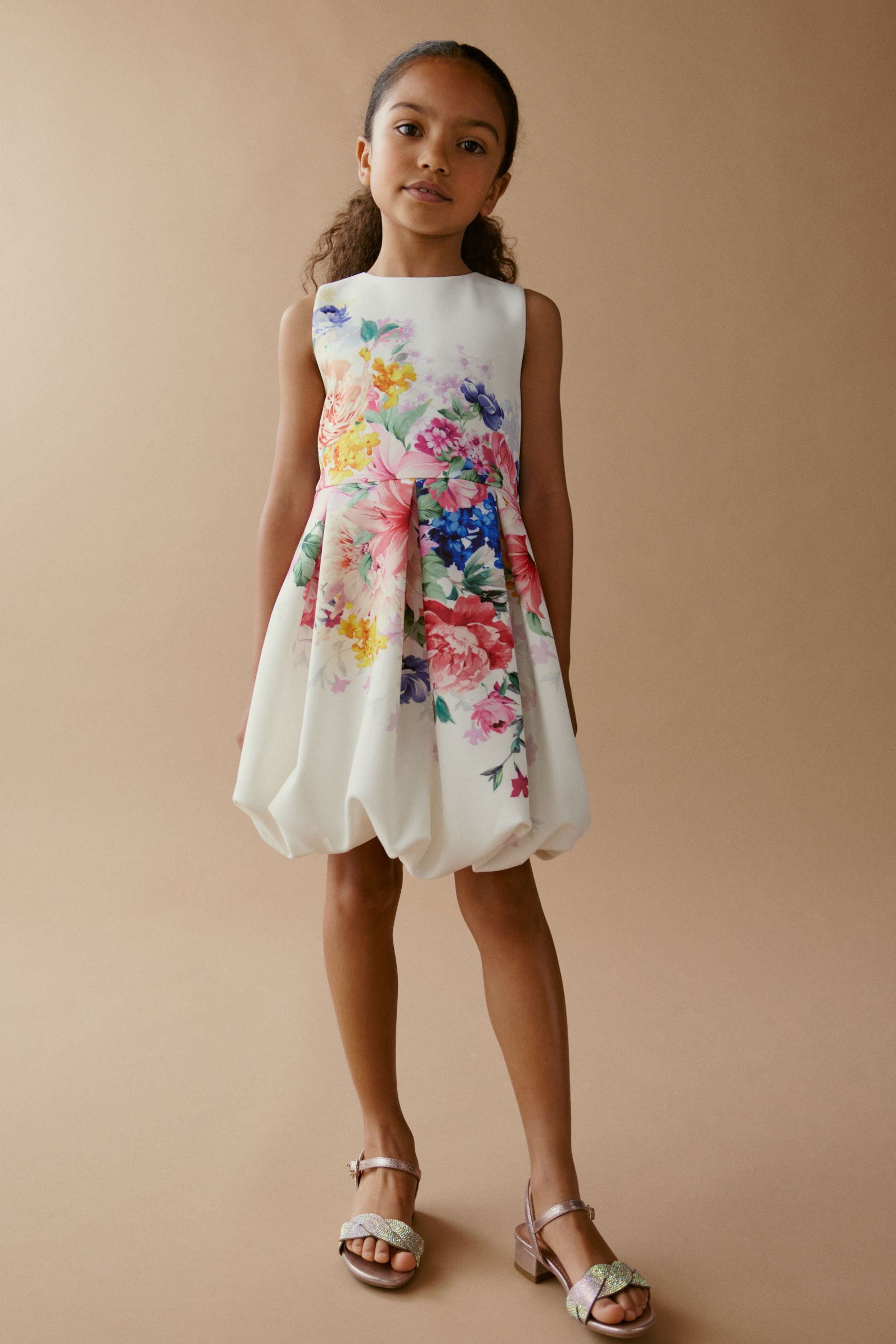 White Pink Blue Floral Puffball Hem Scuba Occasion Dress 1.5 16yrs