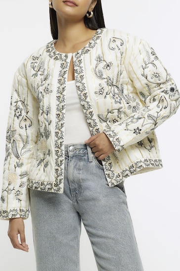 River Island Cream Quilted Embroidered Housecoat