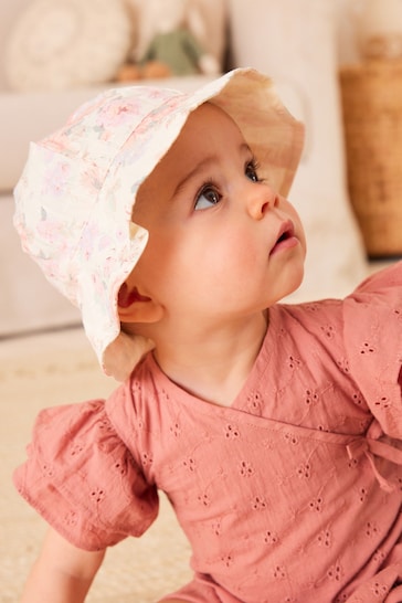 Pink Floral Baby Wide Brim Bucket Hat (0mths-2yrs)