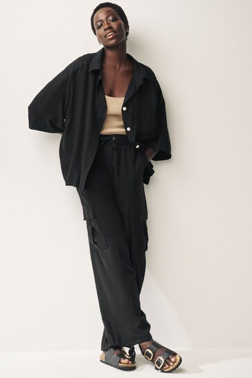 Black Linen Cargo Trousers