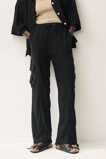 Black Linen Cargo Trousers