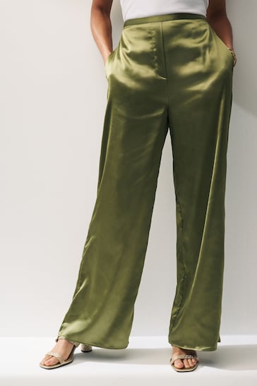 Green Satin Elasticated Wide Leg Trousers