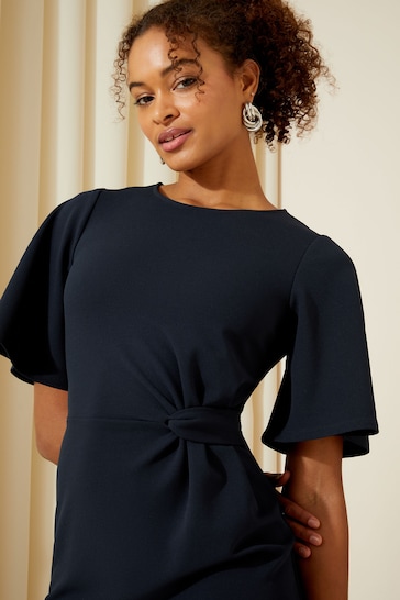 Friends Like These Navy Blue Tailored Knot Detail Flutter Sleeve Midi Dress