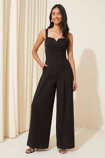 Friends Like These Black Tall Twill Strappy Belted Wide Leg Jumpsuit
