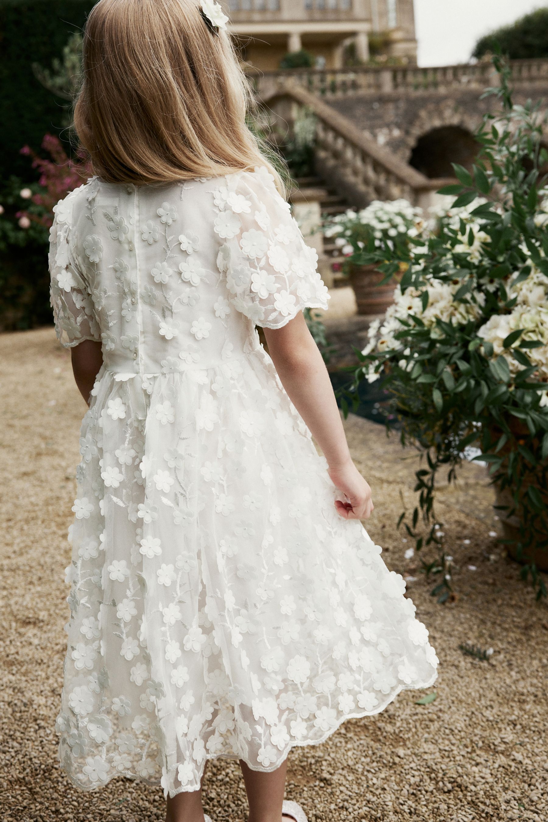 White dress with 3d flowers clearance