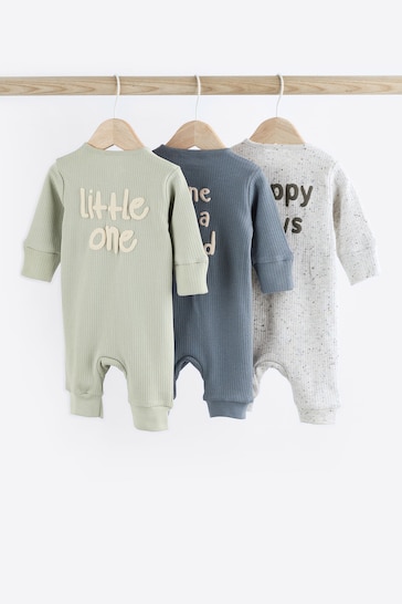 Blue / Grey Slogan Zip Baby Sleepsuits 3 Pack (0-3yrs)
