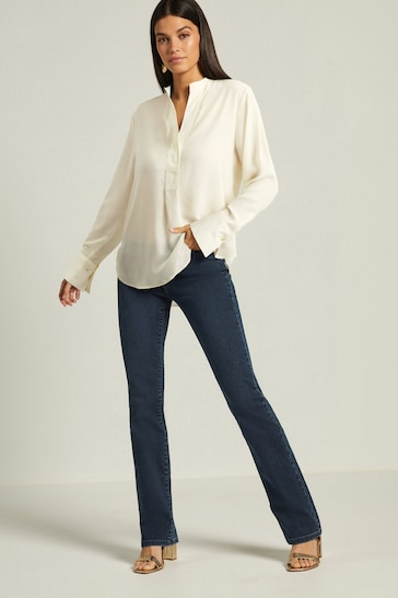 Ecru Cream Long Sleeve Overhead V-Neck Relaxed Fit Blouse