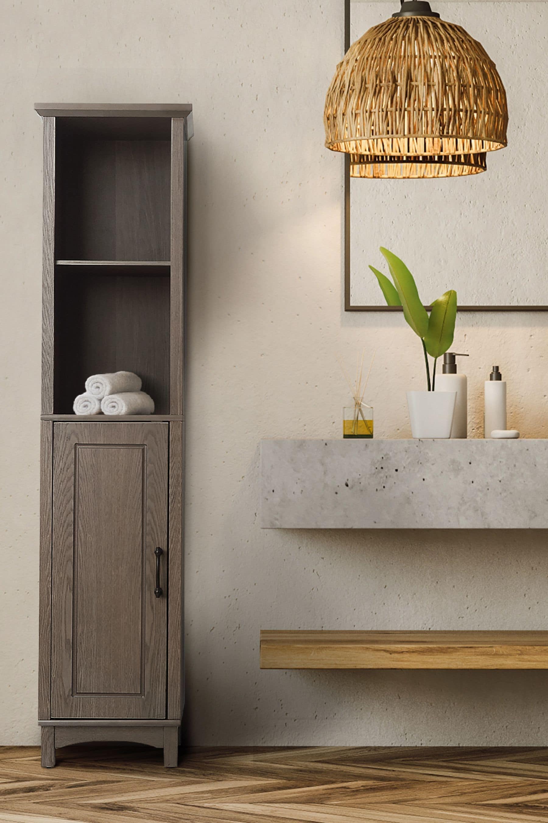 Teamson Home Brown Russell Wooden Bathroom Tall Linen Storage Cabinet Unit