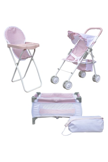 Teamson Home Pink Kids 3in1 Dolls Pram, Cot and High Chair Playset